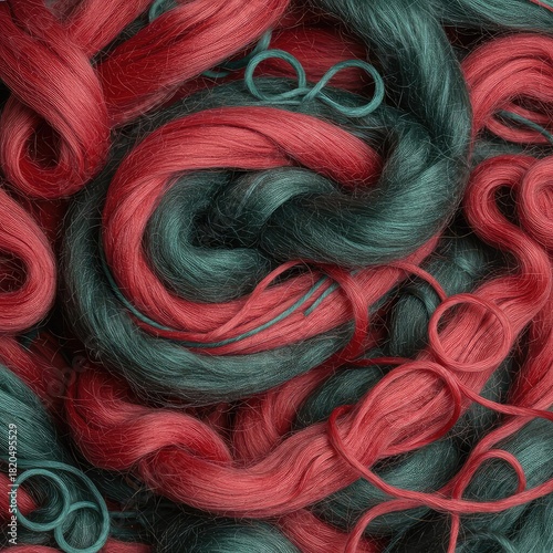 Disorganized tangle of brightly colored, thick wool fiber strands forming an unmanageable jumble of crafting materials ,supply ,close-up ,needlework