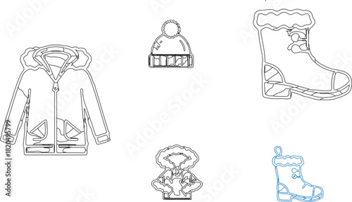 collection of six outlined winter clothing items, designed in a minimalist style against a clean white background. Here’s a breakdown of the elements: