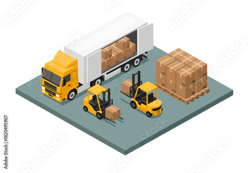 This isometric vector illustration depicts a busy warehousing scene where two yellow forklifts maneuver cardboard boxes between a large delivery truck and a loaded wooden pallet on a gray floor