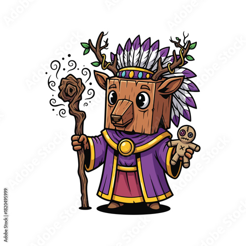 A whimsical cartoon character, a deer-like shaman, holding a staff and voodoo doll, with a headdress.
