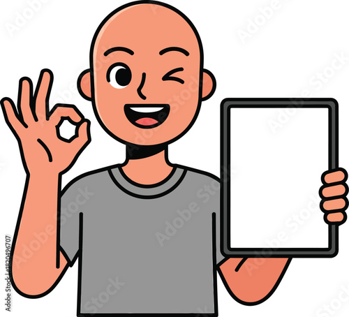 Smiling bald man in a grey shirt winking making an OK gesture and holding a blank tablet.