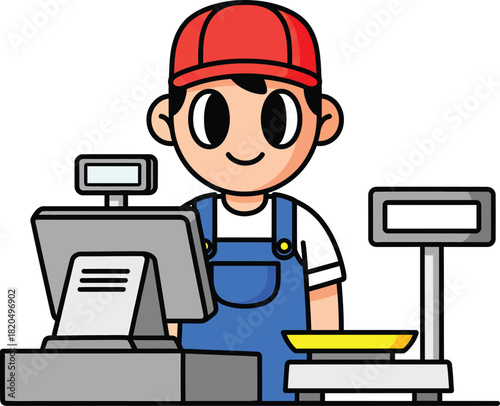 Smiling cartoon cashier in a red cap and blue overalls at a checkout counter.