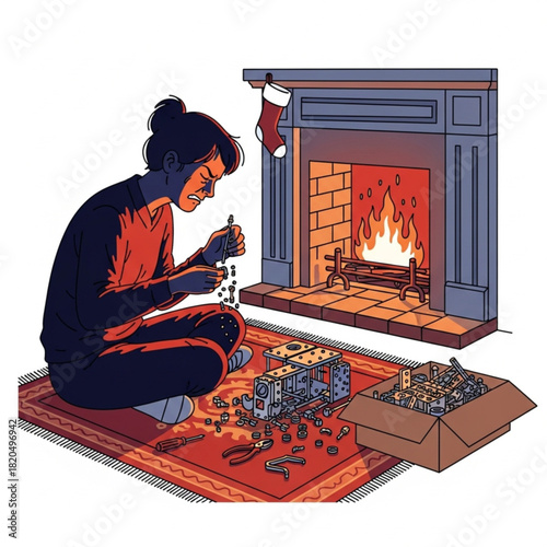 A person sits on a rug intently assembling a complex model kit.