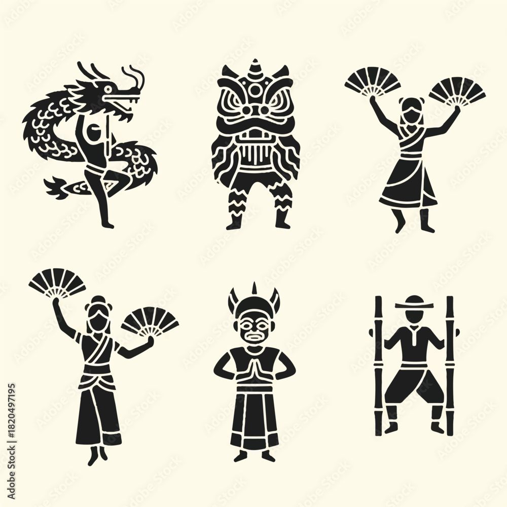 Fototapeta premium Dynamic silhouette display of dragon, lion dance, women, men and fan motifs on pale yellow backdrop, front view