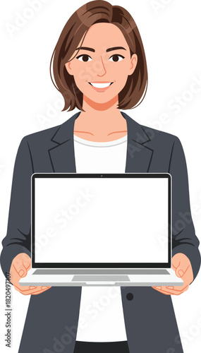 Smiling businesswoman with short brown hair in a grey suit holding an open laptop with a blank white screen.