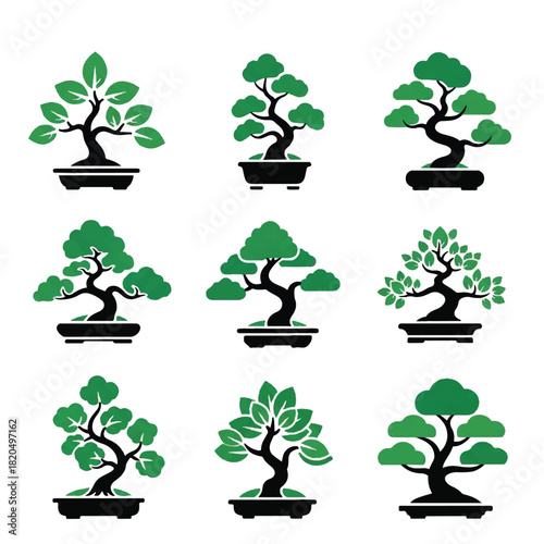 A serene studio display of nine diverse bonsai trees arranged in three rows, captured from a front-on perspective