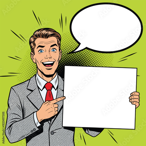 Smiling Pop Art businessman in a grey suit and red tie pointing at a blank white presentation board.