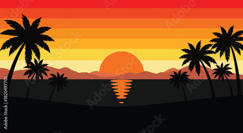 Stunning island sunset with palm trees creating a tropical getaway