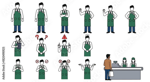 Retail employees showing various emotions, work life balance concept