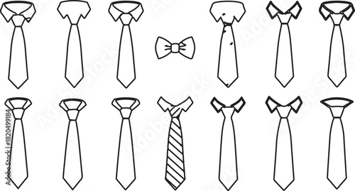 described features a collection of ties and bow ties, all presented in a simple black and white outline style. The arrangement consists of two rows, 