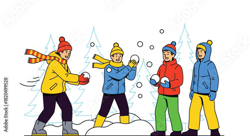 Kids joyfully throw snowballs during a fun winter day activity