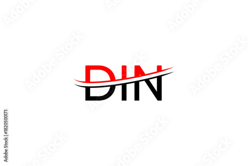 DIN Logo – Red and Black Split Typography with Upward Swoosh for Dynamic, Modern Brand Identity