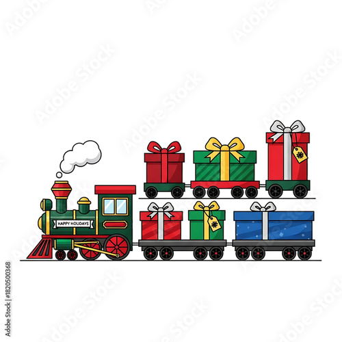 A colorful Christmas train icon carrying gift boxes on its wagons, styled in a festive holiday theme.
