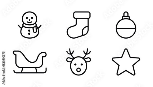 christmas line icon set with snowman stocking bauble sleigh reindeer star on white background