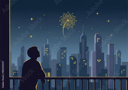 Silhouette of a solitary person standing on a balcony at night.