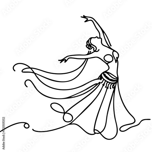 Single line drawing in modern minimalist style of Arabic belly dancer at celebration on white background with copy space