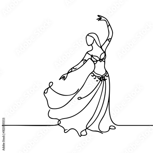 Single line drawing in modern minimalist style of Arabic belly dancer at celebration on white background 