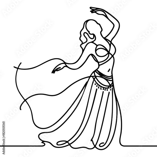 Single line drawing in modern minimalist style of Arabic belly dancer at celebration 