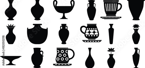 Collection of Black Silhouettes of Various Vases, Pots, and Cups on White Background