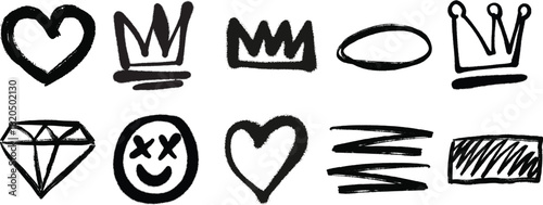 Collection of Black Graffiti Style Icons: Hearts, Crowns, Diamond, Smiley, and More
