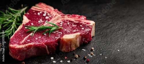 A thick, raw, t-bone steak seasoned with salt and rosemary on a black stone surface