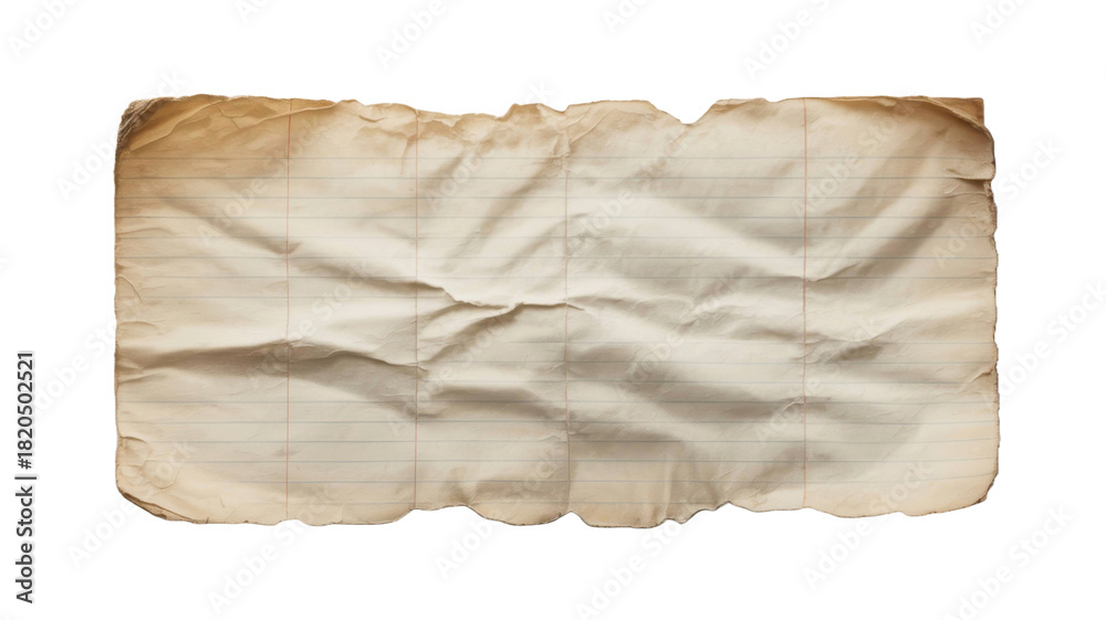 Fototapeta premium A crumpled, aged, and burnt piece of lined paper isolated on transparent background