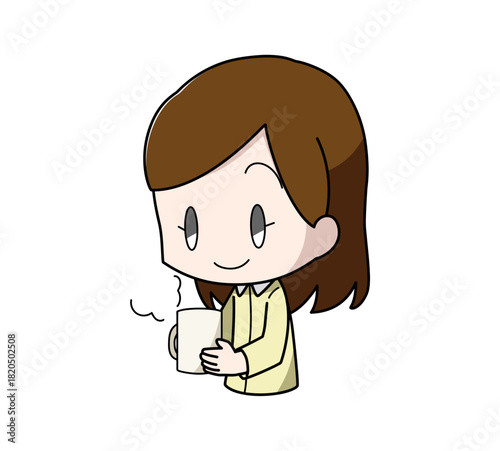 寝る前に温かい飲み物を飲む女性のイラスト