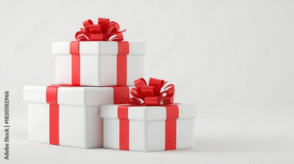 Fototapeta premium Three elegantly wrapped white gift boxes adorned with red ribbons on a plain background.