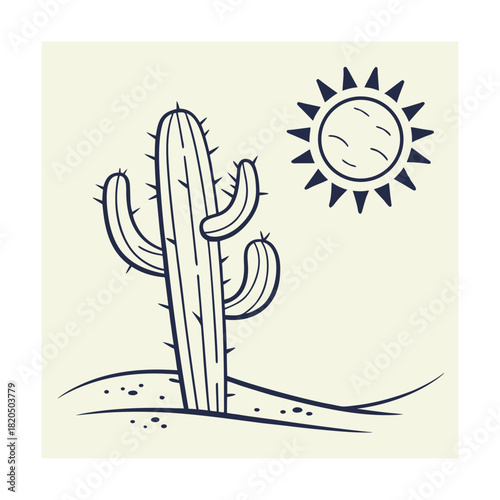 Line art desert scene with saguaro cactus and sun on cream background Keywords: desert, landscape, saguaro cactus, sun, desert plant, arid, dry