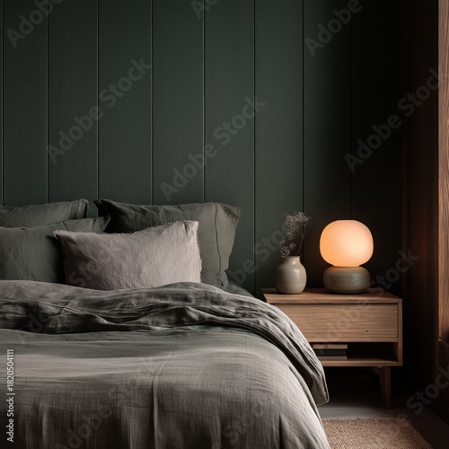 Cozy forest green bedroom with linen duvet, textured wall paneling, wooden nightstand, and ceramic lamp for moody tranquil interior design

