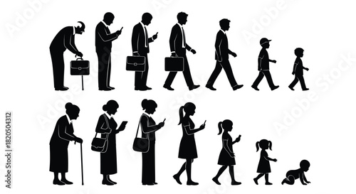 Human evolution towards smartphone addiction in black silhouettes