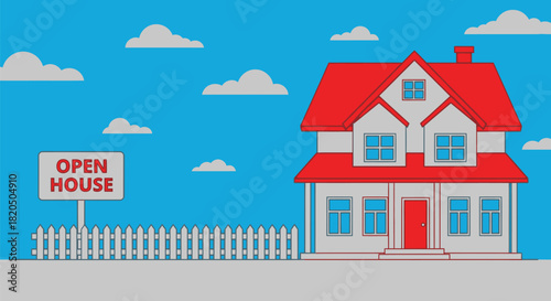 Dream home open house event with red roof and picket fence drawing