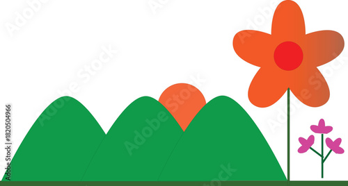 described presents a  and cheerful cartoon landscape, rich in color and playful elements.