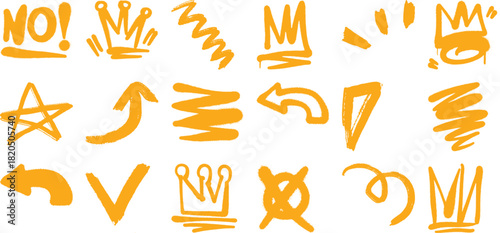 Collection of Orange Graffiti-Style Icons: Crowns, Arrows, Stars, and More