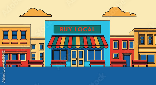 Support local community with vibrant illustration of colorful shops