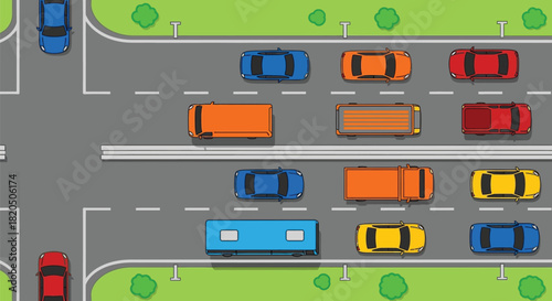 Colorful cartoon traffic illustration showing cars and trucks on road