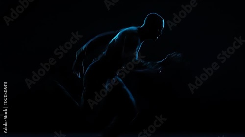 A shadowed figure is backlit with blue, mid-motion, blurred action