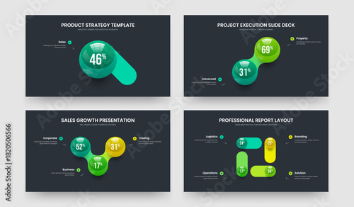 Educational Strategy 1 2 3 4 Step Diagram Slideshow Template Set. Visual Overview One Two Three Four Element Chart Slide Design Vector Illustration Collection.