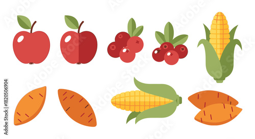 A collection of fresh fruits and vegetables including apples, cranberries, corn, and carrots.
