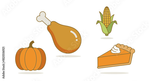 A set of four Thanksgiving food icons including a pumpkin, turkey leg, corn, and pie slice.