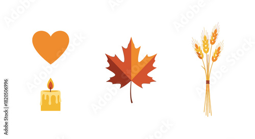 A collection of four autumn-themed flat icons: a heart, a candle, a maple leaf, and a sheaf of wheat.