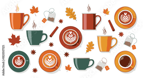 A cozy collection of autumn-themed hot drinks like coffee, tea, and lattes with fall decorations.