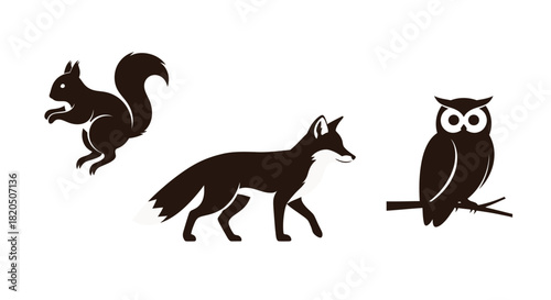 Silhouette illustration of a squirrel, fox, and owl, isolated on a white background.