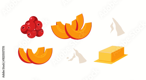 Illustration of cranberries, pumpkin slices, and butter.
