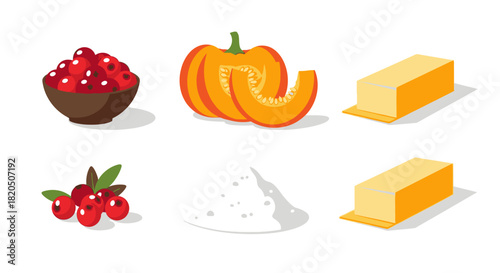 Ingredients for a pumpkin pie: cranberries, pumpkin, butter, and sugar.