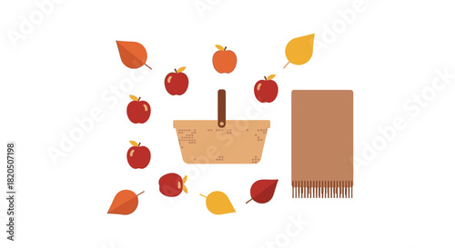An autumn picnic set with a wicker basket, red apples, fall leaves, and a brown blanket isolated on a white background.