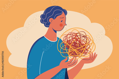 Woman struggling with tangled thoughts, anxiety, and mental health issues, seeking therapy and mindfulness to overcome life challenges in modern world