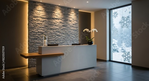 Modern hotel lobby design with stone wall reception desk and winter view for luxury travel resort