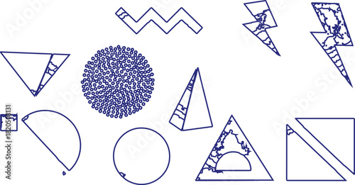 described presents a collection of ten blue geometric shapes, each with a unique design and arrangement against a clean white background. Here's a breakdown of the elements: