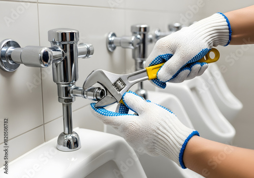 Plumber repairing commercial urinal flushometer valve | Professional hands fixing public restroom plumbing fixtures | Maintenance worker using adjustable wrench on chrome pipes | Public bathroom plumb